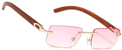 MEGAVOW Lunettes de Soleil sans Monture, Sangle de Lunettes, Lunette de Soleil avec Jambes en Bois d'imitation, Carrées Rétro Lunette pour Femmes Hommes, UV400