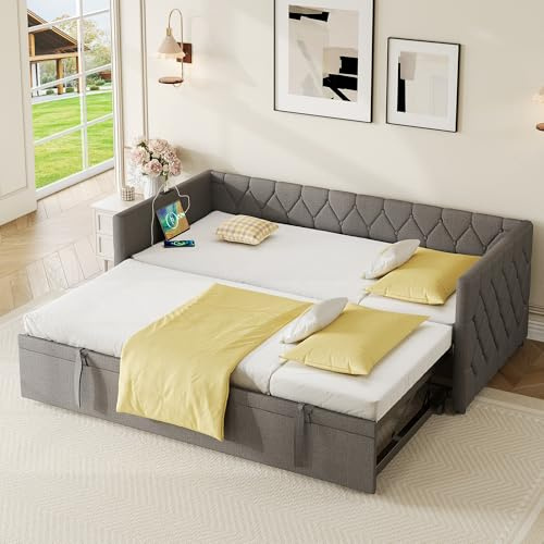 ModernLuxe Pull Out Sofa Bed with Integrated Charging Station, 3FT Upholstered Single Day Bed with USB and Type-C Ports, Comfortable 2 Seater Sofa for Living Room, Bedroom, or Study Room, Linen, Grey