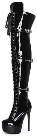 Veelau Meieer Bottes Stiletto à plateforme pour femme - Cuissardes à lacets avec lanières, boucles et fermeture éclair, Noir , 41 EU