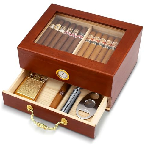 Cave à Cigare, Coffret à Cigares en Cèdre Espagnol, Boîte à Cigares avec Hygromètre Numérique, Boîte a Cigare, Séparateur et Tiroir, Cadeau pour Homme Amateur de Cigares pour 30-50 Cigares