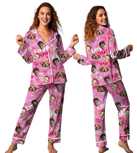 Personalised Women'S Photo Long Pyjamas Set Custom Womens Pyjamas With Face Customisable Funny Loungewear Pjs For Women Personalised Gifts For Women Soft Milk Silk Fabric S-3Xl (Q)