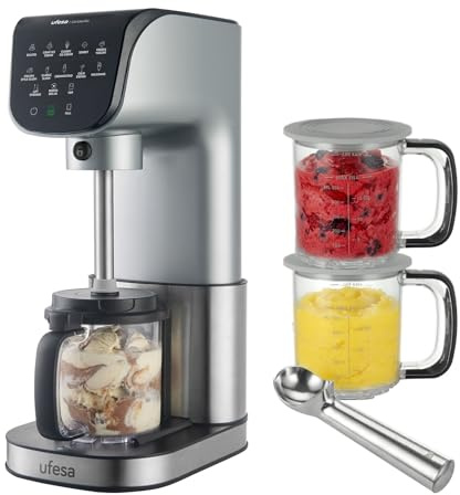 Ufesa Gelatella, Heladera Multifunción, Motor Brushless, 1.4L, 11 Programas, Pantalla Táctil, Helados, Bebidas Frías, Smoothie, Batidos, Sorbete, 2 Tarrinas Tritan, Tecnología CreamPulse, Compacta