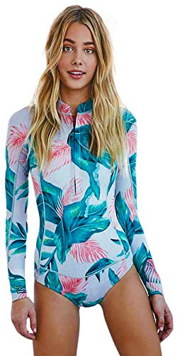 Beachkini Moderner Atmungsaktiver Damen-Badeanzug mit Langarm,Bedruckte Badeanzüge,Für Surf und Schwimmen,Blau,S