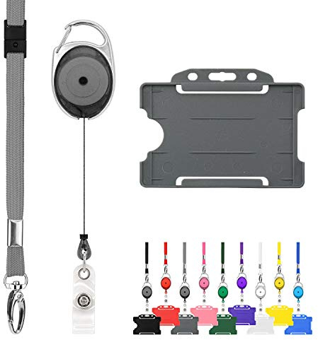 Retractable Lanyard and Badge Holder Trio Triple Pack by LanyardsTomorrow - Set Includes A Single Plain Lanyard, Extendable Carabiner Yoyo Reel Clip and Rigid ID Card Holder (Grey)
