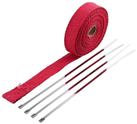 TININNA 5M Auspuffrohr Wrap Hitzeschutzband Auspuffband Thermoband Hitzebeständig Auspuff Band für Motorrad,Auto Krümmerband mit Kabelbinder für Fächerkrümmer Rot