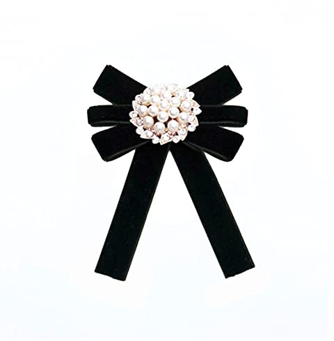 Broche en Strass en Fausse Perle Noud Papillon Pré-Noué Noeud Broche Cravate Vintage Décoration de Robe Chemise Col Broche Bowknot Ornement de Vêtements pour Femmes Filles Fête Mariage (Noir)