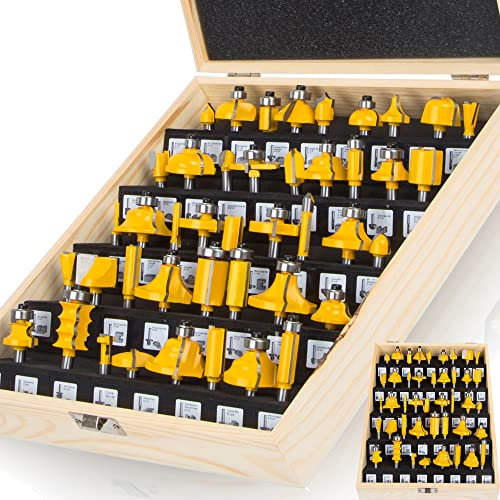 OLETBE 1/4 Inch Shank Crown Molding Router Bit Set 41 PCS, Corner Round Edge-Forming Beading Woodworking Milling Cutter Tools, Carbide Drawer Door Cabinet CNC Router Bits(LINE)