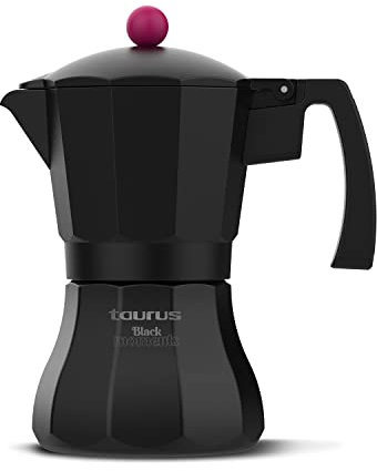 Taurus Black Moments 3 - Cafetera italiana, 3 tazas, base y filtro de acero inoxidable, válvula de seguridad, cierre de silicona para mayor seguridad, para todos los fuegos, tapa transparente, negro