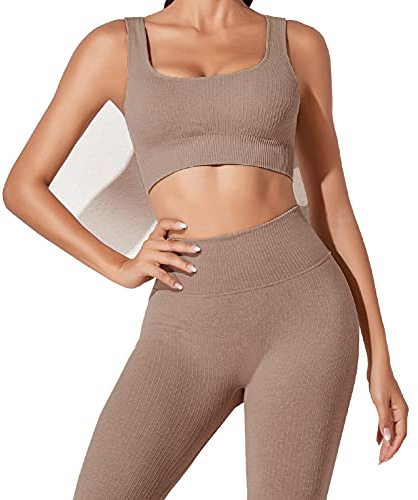 Set da allenamento da donna, set da 2 pezzi, a costine, senza cuciture, per yoga, leggings e reggiseno sportivo, Marrone, L