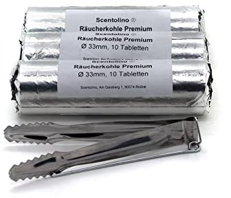 Räucherkohle 33 mm – 3 Rollen à 10 Tabletten + Kohlezange (11 cm) – Schnellzünder, selbstentzündlich – ca. 45 Min. Brenndauer – Markenqualität von Scentolino für Weihrauch & Räucherwerk
