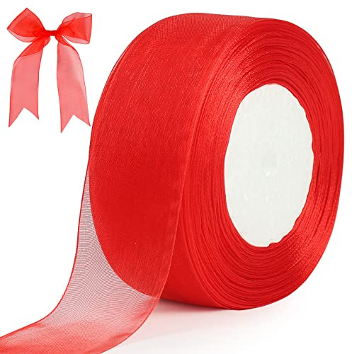 tenn well Red Chiffon Ribbon 40mm, 45 Meters Chiffon Ribbon | for Gift Wrapping, Crafting, Hair Bows, Wedding Party and Christmas Decoration