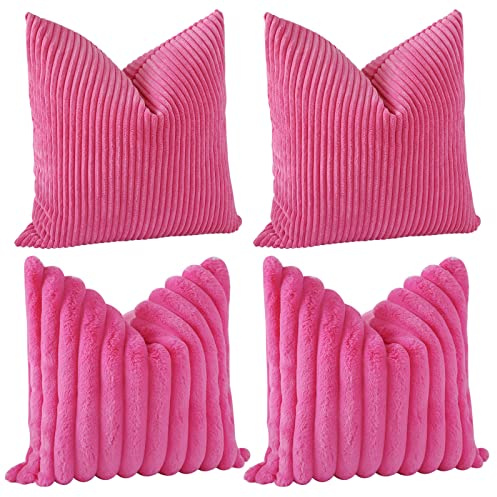 JOTOM Set di 4 Federe per Cuscini 45x45 cm Copricuscini a Righe in Velluto a Coste Pelliccia Sintetica e Peluche Custodia Decor per Cuscini da Lancio da Letto per La Casa ((Rosa Caldo)