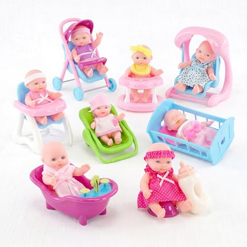 Bibi Doll 8-Piece Mini Baby Dolls Set, 5 Each - Tiny Pretend Play Toys & Small Accessories with Movable Joints, Stroller, Bathtub & More - Role Play Toys for Girls & Boys, Ages 3+