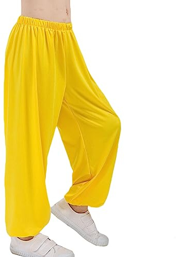 Libaobaoyo Kids Unisex Kung Fu Wide Pants Stretchy Elastic Waist Taichi Martial Arts Practice Trousers for Boys Girls Yellow