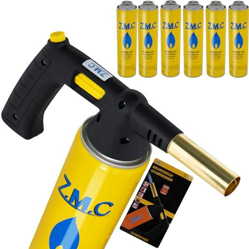 ZMC Brûleur à gaz 1,5 kW + 6 cartouches de gaz de 330 g, brûleur à flamme jusqu'à 1350 °C, avec allumage piézoélectrique, brûleur Bunsen, brûleur de cuisine avec flamme réglable, embout allume-gaz