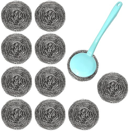 H&W 10Pcs Steel Wool Scrubber,Stainless Steel Scourer,Steel Wool Scouring Pad with 1Pcs Long Handle for Cleaning Dish Pots Pans,Kitchens Sinks,Bathroom