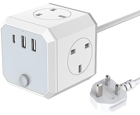 Cube Extension Lead with USB Slots, 1.8M Multi Plug Extension Cord with 2 USB + 1 Type C Ports (5V/2.4A), 13A/3250W 4 Way Desk Extension Cable Socket with Switch for Home Dorm Office Travel