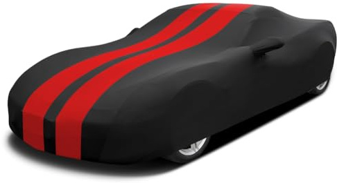 Asasytal Housses pour Auto de Sport Intérieur Complète Bâche, Tissu élastique en Velours Doux, Respirant Anti-Poussière pour Le Garage Souterrain/Auto Show, L4.5~4.85M, Rayé Rouge + Noir