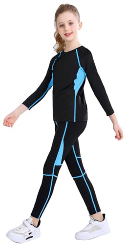 linboo Mädchen Sportanzug 2tlg Yoga Anzug mit Langen Ärmeln und Hosen, Elastisch, Outdoor eng anliegende Tanz- und Fitnessbekleidung für Kinder, Blau, Herstellergröße：120 Geeignete 116-122