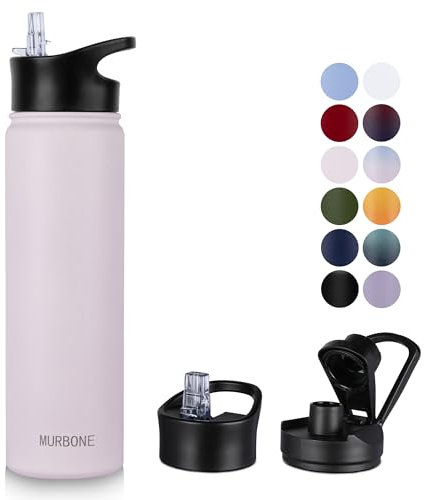 MURBONE Edelstahl Trinkflasche 750ml (+2 Deckel)-mit Strohhalm,BPA frei,Thermosflasche Auslaufsicher,Kohlensäure Geeignet,Thermoskanne Vakuum Doppelwandisolierung für Sport, Reisen, Camping