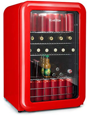 KLARSTEIN PopLife Refroidisseur de boissons - mini-bar, réfrigérateur rétro, 0-10°C, seulement 39 dB, 115 L, écologique, porte à double vitrage, design rétro, rouge