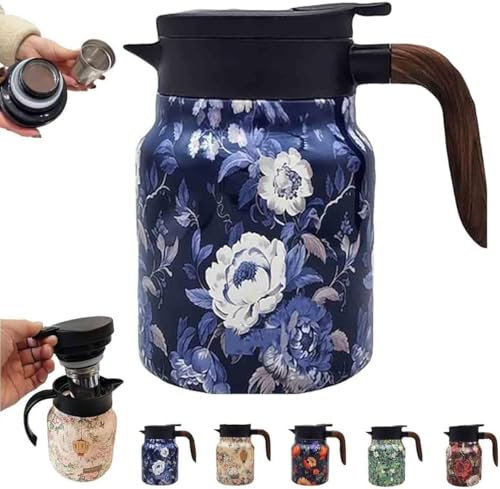 Vintage tekanna med blommönster, avtagbar isolerad tekanna, rostfritt stål varm dryck isolerad vattenflaska med lock, tekanna med infusioner, rostfritt stål isolerad vattenflaska