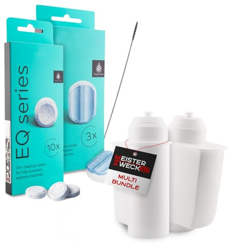 MEISTERZWECK4U Pflegeset Kaffeevollautomaten - 2x Wasserfilter, 1x Entkalkungstabletten, 1x Reinigungstabletten, Reinigungsbürste - Reinigungsset kompatibel mit Siemens, EQ Series, Supresso, Bosch