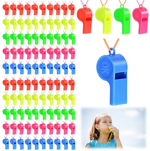 100 Pièces Sifflets de Sport en Plastique, 5 Couleurs Sifflet Enfant, Sifflet de Sport avec Cordon, Sifflets en Plastique Colorés, Fort et Net, pour Les Entraîneurs, Les Arbitres et Les Officiels