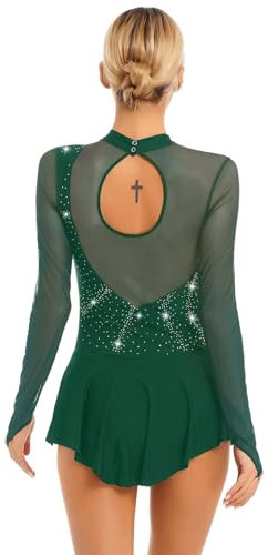 inlzdz Damen Eiskunstlauf Kleid Glitzer Tanzkleid Schlittschuhe Kürkleider Langarm Trikot Tanzanzug Ballettkleid Elegant Bühne Wettbewerb Kostüm Grün S