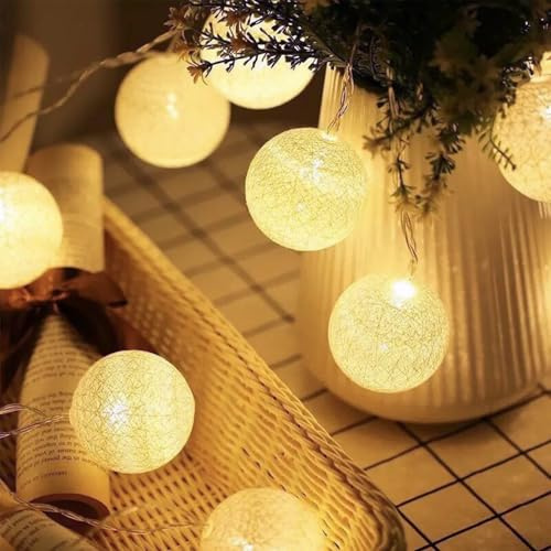 ENLACE LED-ljuskedja med bomullsbollar, 1,5 m, 10 lampor, batteridriven, 3 cm kulor, varmvit