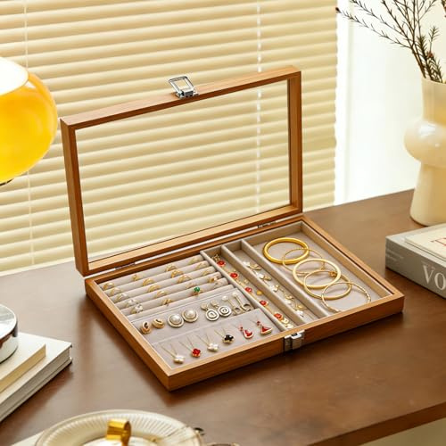 VirtuGro Boite a Bijoux Femme en Bois Boîtes à Bijoux et Présentoirs Boite en Bois Massif Vintage Jewelry Organizer avec Couvercle en Verre Transparent Cadeau pour Boucles D'oreilles Bagues Bracelets