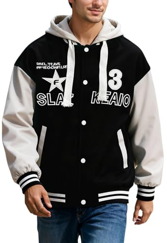 Generisch Veste universitaire pour homme - Veste à capuche - Bloc bouton - Veste de baseball - Veste de sport - Veste de survêtement Varsity - Coupe-vent - Veste d'automne - Cargo - Veste d'extérieur