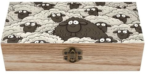 Caja de almacenamiento de madera rústica con diseño de oveja blanca y negra de dibujos animados. Organizador de joyas con tapa abatible y cierre frontal. Un recuerdo decorativo de madera para hombres