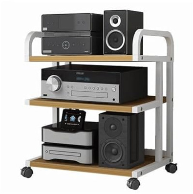 Estante HiFi de 3 niveles para componentes estéreo, soporte móvil AV con ruedas, tocadiscos y organizador de DVD/CD para sistemas de entretenimiento en el hogar (blanco)