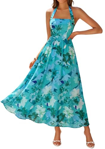 ZESICA Women's Summer Floral Halter Midi Dress 2026 Sleeveless Off Shoulder High Waist Flowy Casual Beach Long Dresses Green Medium