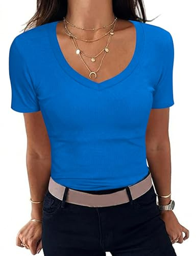 Aottori Camiseta Basica Mujer Verano Manga Corta Camisetas Elegante de Punto Blusas Cuello en V Elástico Ligero Sólido Casual Túnica Top Azul Real S