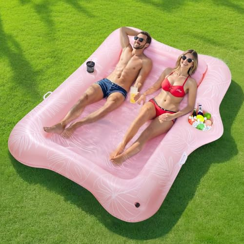 MoKo Flotador Inflable Piscina Grande, 215x148cm Colchoneta Hinchable Piscina para Adultos con Porta Bebidas Integrado y Barra de Hielo, Hamaca Flotante Piscina Verano Fiesta, Hoja Rosa