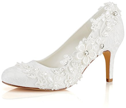 Emily Bridal Wedding Shoes Women's Silk Like Satin Stiletto Heel Pumps with Stitching Lace Flower Crystal Pearl (EU39/UK6, Ivory)