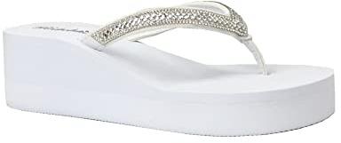 REDVOLUTION New Women's Rhinestone Sandals Platform T-Strap Jewel Sandals High Wedge Flip Flops, Gem [White]