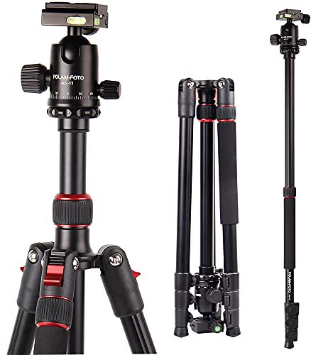 POLAM-FOTO 168cm Kamera Stativ Aluminiumlegierungen Stativ mit Einbeinstativ und 360° Kugelkopf， Reisestativ Fotostativ mit Kugelkopf Schnellwechselplatte und Stativtasche