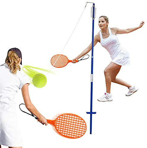 COSTWAY 3-stufig höhenverstellbares Tetherball Set, Twistball Set inkl. Ball｜2 Schlägern｜120cm Schnur, Tennisball an Schnur, Tennis Spiel für Solo und Team