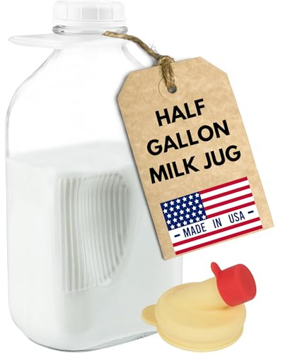 kitchentoolz Glass Milk Jug 64 oz – Half Gallon Jar with Lid and Silicone Pour Spout – Made in USA Water Jug – Milk Jugs with Lids – Reusable Bottles 64 oz