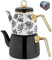 Vintage Turkish Teapot Tea Pots Kettle Set for Stovetop Stove Top Decorative Infuser Party Cups Glasses Floral Unique Boiler Samovar Strainer Loose Leaf Kitchen Style Enamel Decor (White-Black)
