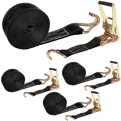 4 Pack 2 Inch Ratchet Straps Heavy Duty 20ft Tie Down Straps Ratchet with Double J Hook, 8000 LBS Break Strength, Cargo Ratchet Straps for Truck, Trailers, Motorcycle, Kayaks, Car Roof