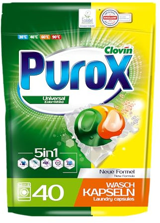 PUROX UNIVERSAL Detersivo Lavatrice Capsule (40 Lavaggi) – Per tutti i tessuti, rimuove le macchie, ecologico, risciacquo completo, protezione anticalcare, doypack