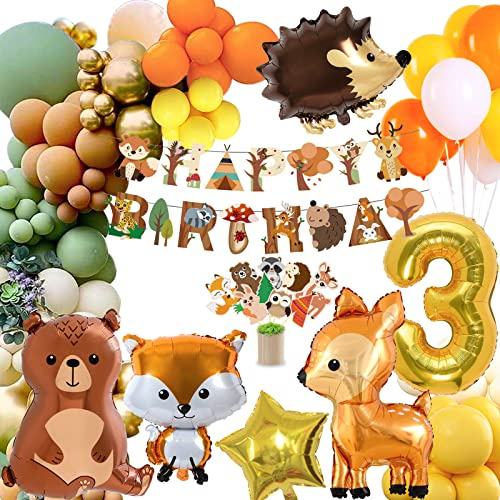Födelsedagsdekoration med djungeltema för 3-årskalas, för 3-åriga pojkar och flickor, barnkalas, dekoration med skogsdjur, djungelballonger, Happy Birthday-dekoration för födelsedag,