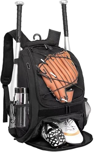 DAFISKY Baseball Bag Softball Backpack - Youth Adult T Ball Bat Equipment Bag with Bat and Helmet Holders, Shoe Compartment and Hook, Black