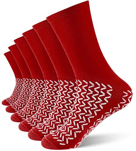 Taiyin 6 Pair Double Sided Tread Non Slip Socks Safety Soft Socks Slip Stopping Safety Fall Prevention for Women Men Bariatric (Red,Large)