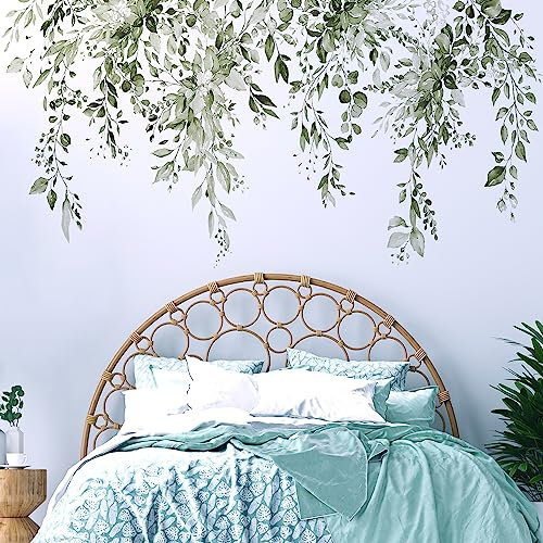 VePret Olive Green Plants Leaves Wall Decals Peel and Stick, Large Floral Flowers Vinyl Wall Stickers, Removable Vine Home Decor Art for Bedroom Living Room Classroom Office