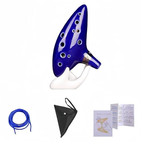 Accfore Zelda Ocarina Instrumento con libro de canciones, 12 agujeros alto C azul de cerámica con caja de regalo, soporte de exhibición, correa para el cuello, bolsa protectora